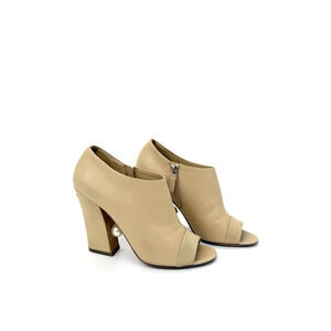 Chanel Peep Toe Bootie EU 39 US 9 Beige Nude Leather with Faux Pearl Embellish